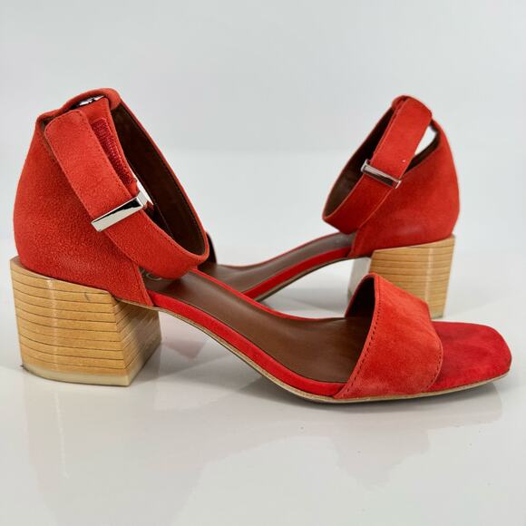 Franco Sarto L-Merryl Block Wood Heeled Leather Red Sandals Sz 7.5 Resortwear - Picture 2 of 8